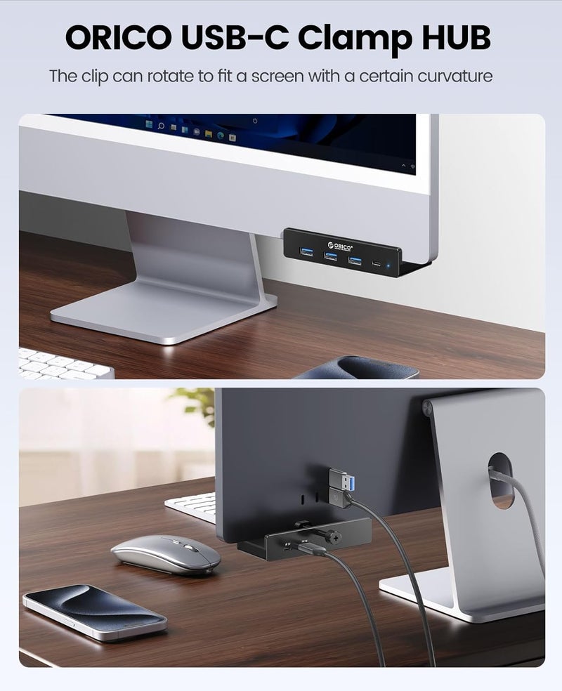 Orico محور USB 3.0، محور USB مع مشبك ومنفذ طاقة إضافي، محول USB من الألمنيوم بـ 4 منافذ USB مع 3 منافذ بيانات USB-A، منفذ USB-C للشاشات والمكاتب (أسود) - Image 3